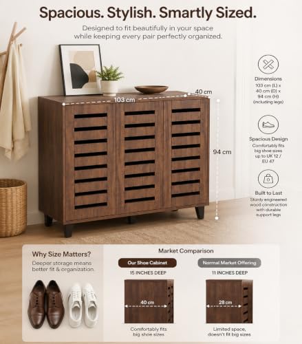 Image of Metro Three Door Engineered Wood Shoe Cabinet | Spacious Shoe Rack with Ventilated Slatted Doors | Modern Shoe Storage Organizer for Entryway, Hallway & Living Room | Walnut Finish