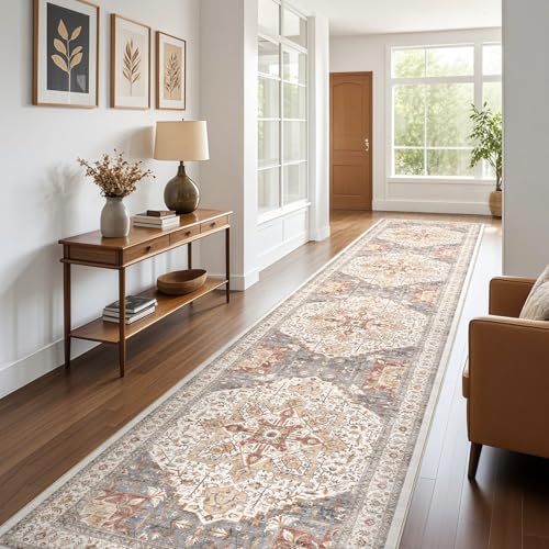 Tortania Area Rug 3x14 Runner Rugs - Washable Vintage Oriental Farmhouse Thin Indoor Carpet for Living Room Bedroom Hallway Entryway Kitchen Under Dining Table Home Office - Orange Multi