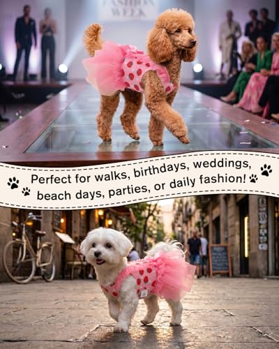 Image of CuteBone Pink Strawberry Pet Dress for Small Dogs, Cats - Double-Layer Ruffled Skirt - Satin Bow - Sweet Daily, Playdate Dress