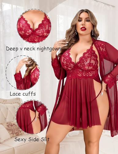 Avidlove Plus Size Lingerie Sexy Lingerie Set Women'S Exotic Nightgowns Lace Chemise Lingerie Side Slit Nightdress Wine Red 2Xl thumb #1