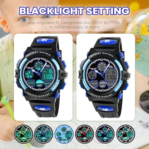 Image of Dayllon Boys Watch,Kids Watch for 5-15 Year Old Boys,Digital Sport Outdoor Multi Function Waterproof with LED Alarm Calendar Analog Watch for Kids Gifts