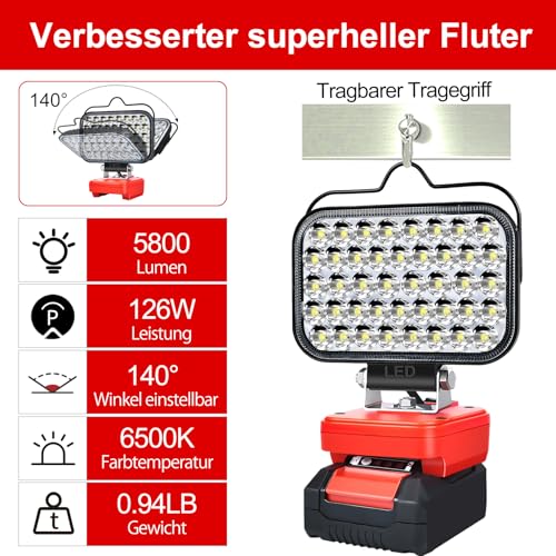 GZYZ LED Akku Lampe Für Ein hell PXC 18V,126W 5800LM Kabellose Spotlight Baustellenlampe,LED Campinglampen mit USB- und Typ-C für Gärten, Garagen (Keine Batterie) (Rot-126W für Einhell 18V)