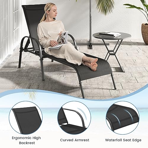 Image of Giantex 2 Pack Patio Lounge Chair, Outdoor Chaise Lounge with 5 Adjustable Backrest, Sturdy Steel Frame, Sunbathing Recliner, Beach Chair, Tanning Chair for Outside, Yard, Balcony, Pool Chairs, Black