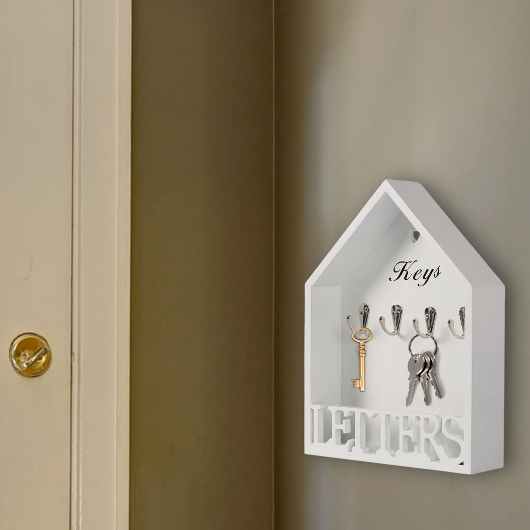 Portalettere Da Parete In Legno Di Pino Anticato – Organizer Con 4 Ganci E 5 Scomparti, Per Documenti E Chiavi, N-5923 C