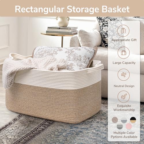Image of Goodpick Large Woven Rope Blanket Basket, Rectangle, White & Brown