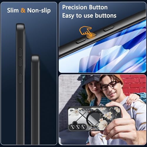 Image of VONZEE Compatible with Samsung Galaxy A16 5G Case Luxury Retro Flowers Floral Clear for Magnetic Wireless Charging Case Shockproof PC+TPU Cute Glossy Shiny Cover for Girls Women, Black