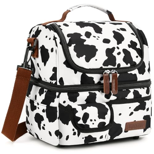 Image of LOKASS Lunch Box for Women-Double Deck Insulated Adults Lunch Bag with Removable Shoulder Strap-Cow Print Cute Wide Open Lunch Tote for Work/Office/Picnic/Beach/Travel