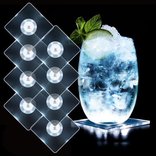 MEDOYOH 8er-Set Quadratisch Kühle Weiß LED Untersetzer für Getränke ON/Off Wasserdicht Acryl Getränke Untersetzer Leuchtende für Gläser Flaschen Partys Hochzeiten Bar Weihnachten