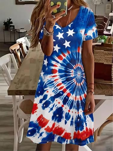 Image of LUKYCILD American Flag Dress Women 4th of July Patriotic Shirt USA Stars Stripes Dresses Sexy V- Neck Summer Sundress
