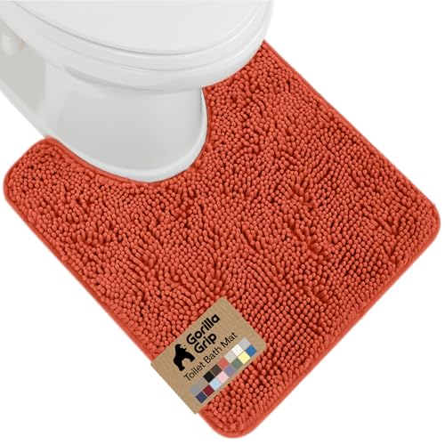 Image of GORILLA GRIP Plush Absorbent Shaggy Chenille Bath Rug Mat for Oval Toilet Base with Rubber Backing, Machine Washable Rugs, Soft Microfiber Contour Mats for Toilets, Bathroom Decor, Coral