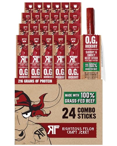 Righteous Felon O.G. Hickory Meat Sticks, 100% Grass Fed Beef, 24 Count