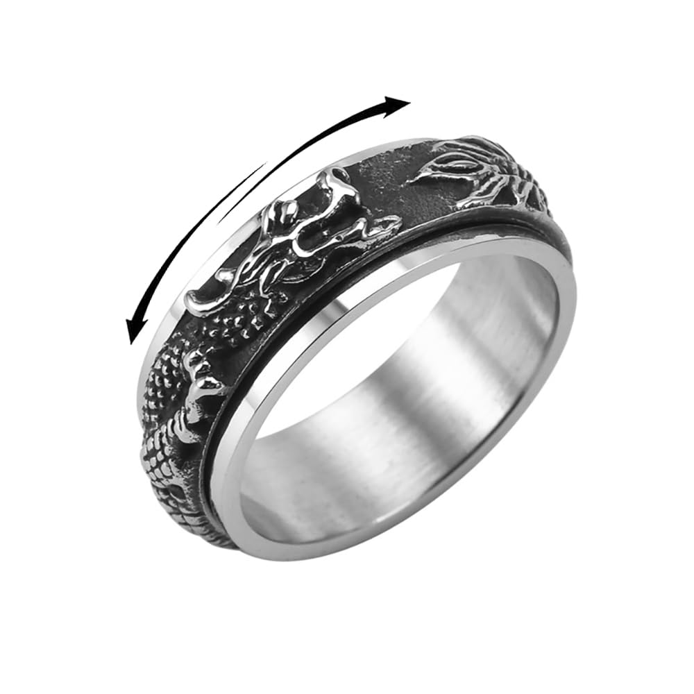 IMINI Drachen-Fidget-Band, drehbar, Edelstahl, Punk, cooles Tier, Angst, Stressabbau, frei drehbar, Bikerring, Versprechenband für Männer, Jungen, Frauen, Geburtstag, Vintage-Schmuck, Geschenke