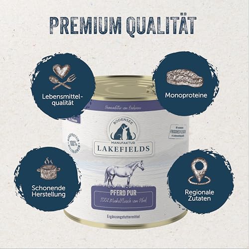 Lakefields Premium Hundefutter Nass | Pferd pur 100% | 6 x 800g | Reines Muskelfleisch | Pferdefleisch aus artgerechter Tierhaltung | Hypoallergenes Nassfutter für Hunde | Regional & Getreidefrei