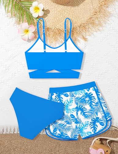 Image of Girls Swimsuit 3 Piece Bathing Suit Criss Cross Bikini Set Girls' Swimwear with Shorts 7-16T