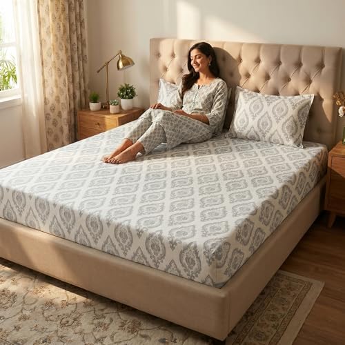 Image of Mafatlal 186 TC Grace Pure Cotton Double Size Bedsheet | 90 x 100 Inch | Soft Breathable Cotton Bed Sheet Set with 2 Pillow Covers | Pearl Grey