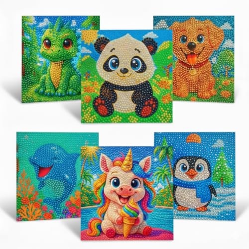 WORLDLYFY 6 Pack Diamond Painting Kit for Kids Cute Animal Diamond Art & Crafts for Beginners Ages 8-12 DIY Gem Art Activity Screen-Free Wall Decoration 6x6 Inch