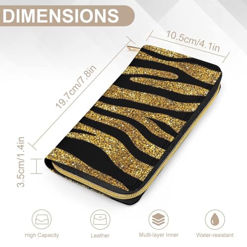 Women's Cute Decor Wallet, Long PU Zipper Wallet, Travel Purse Fashion Design, Huge Storage Capacity Purse Gold Glitter Animal Skin Tiger Stripes Print2