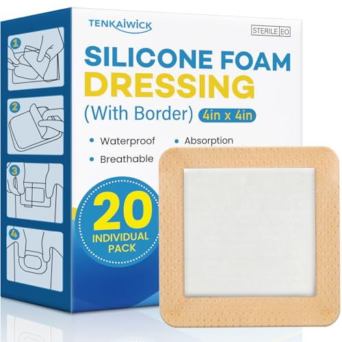 20 Pack Silicone Foam Dressing 4x4 with Adhesive Border High Absorbency Silicone Bandages Waterproof Foam Bandages for Wounds Care Bed Sore Diabetic Foot Ulcers