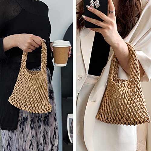 Image of Mini Clutch Handbag Fishing Net Bucket Bag Cotton Rope Crochet Drawstring Woven Beach Bag Small Tote for Women Girls