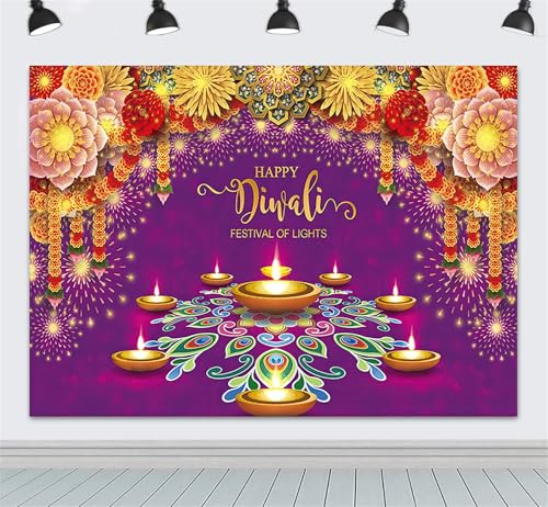 Image of 7x5ft Diwali Backdrop Fabric Purple Happy Diwali Festival of Lights Photography Background Extra Large Banner Room Decor