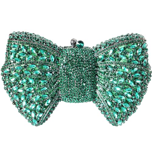 Image of Handmade Inlay Rhinestone Bow Clutch Bag for Women, Sparkling Evening Party Wedding Purse with Detachable Pearl Chain