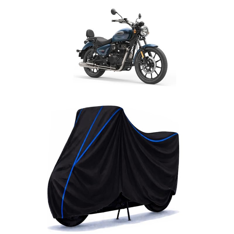 Image of Royal Meteor 350 Stellar Bike Cover Water Resistant Universal Motorcycle Rain | Heavy Duty UV Protection, Dust, Scratch Indoor Outdoor All Weather with Black Blue Piping Elastic
