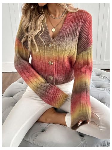 Image of MakeMeChic Women's Colorful Chunky Cropped Cardigans Button Down Long Sleeve Drop Shoulder Rainbow Sweater Rose Red Large