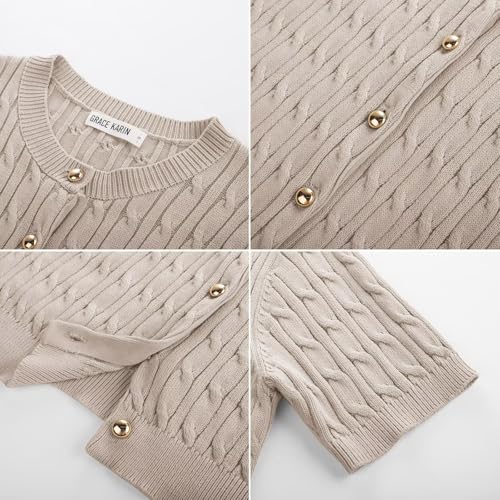 Image of GRACE KARIN Women's Short Sleeve Sweater Summer Open Front Cable Knit Cardigan Crewneck Button Up Knit Cardigans Jacket L Apricot