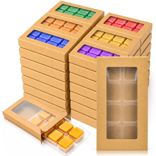 Jucoan 100 Pack Wax Melt Containers Bulk Brown Kraft Paper Gift Boxes with Clear Window and 8-Cavity Plastic Wax Melt Molds for Wax Melt Making Packaging Party Favors 5.5 x 3 x 0.75 Inch