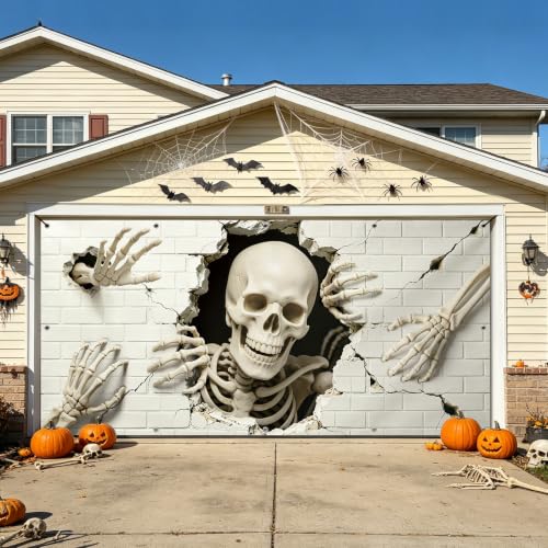 Miucat Halloween Garage Door Cover 7x16 FT, Realistic 3D Design Decorations | 3D Skeleton Break-Through Illusion Garage Door Banner, Outdoor Halloween Spooky Garage Buddy Backdrop - image 4