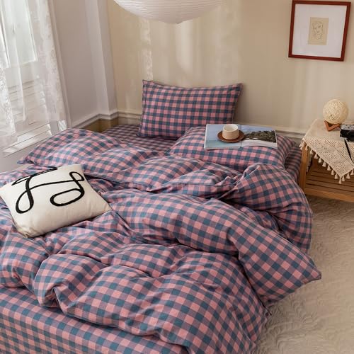 Image of EAVD Modern Purple Pink Plaid Duvet Cover Queen Soft 100% Washed Cotton Reversible Grid Bedding Duvet Cover with 2 Pillowcases Geometric Simple Plaid Comforter Cover with Zipper Closure