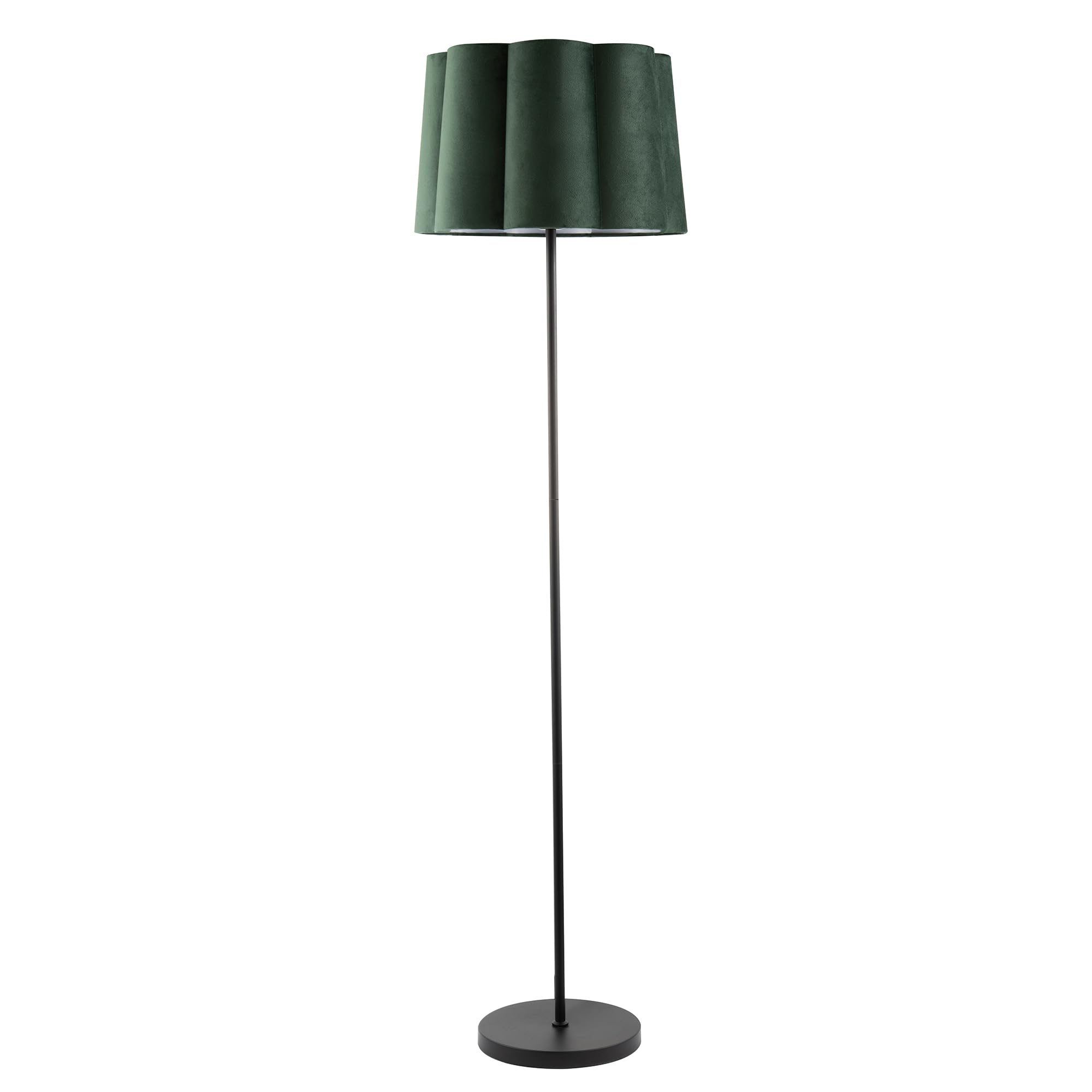 Happy Homewares Modern Matte Black Floor Lamp with Forest Green Velvet Fabric Scallop Shade | Inline Foot Switch Button | 147cm x 40cm | 1 x 11w E27