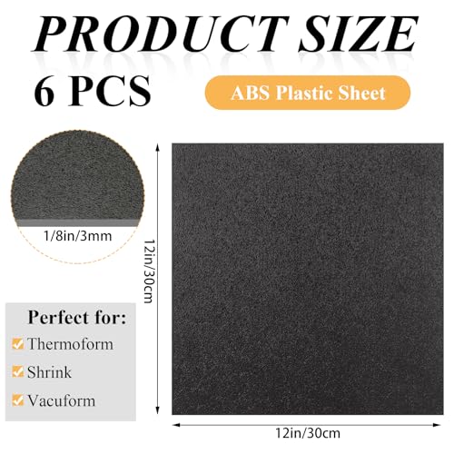 Image of 6 PCS ABS Plastic Sheet 1 /8 Inch Thick 12 inch x 12 inch Black Plastic Sheet PVC Sheet 1 /8 Inch Thick Thermoplastic Sheet Heat Moldable Plastic Sheet for DIY Projects, Decor, Handcrafts