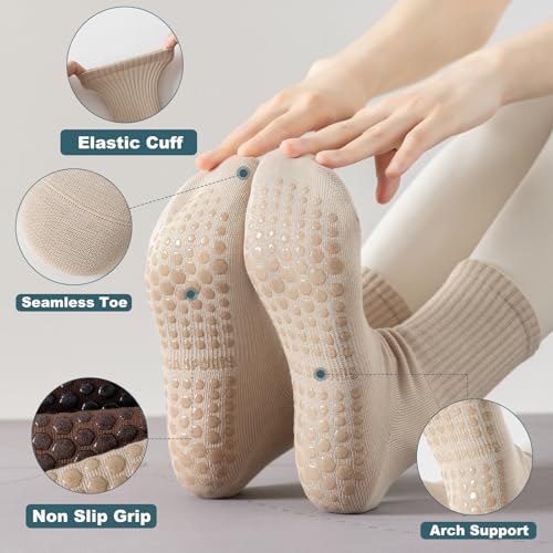 Image of BONANGEL Pilates Socks with Grips for Women, 3 Pairs Womens Grippy Yoga Ballet Barre Hospital Gym Athletic Socks