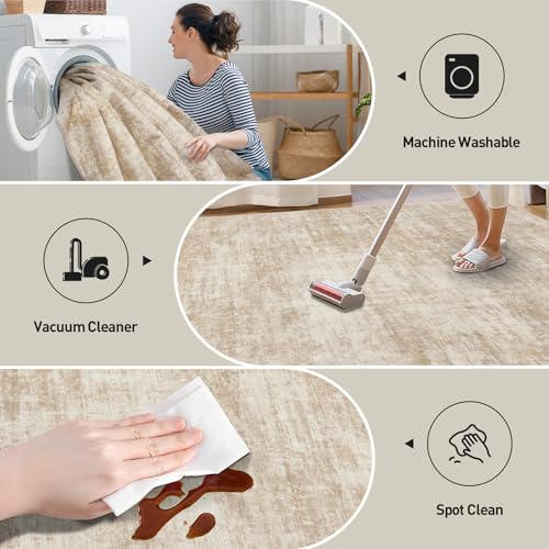 8x10 Area Rugs Washable Rug: Modern Abstract Living Room Rug Soft Anti-Skid Thin Carpet Indoor Floor Non-Shedding Carpets for Bedroom Dining Room Farmhouse Nursery Home Office Beige