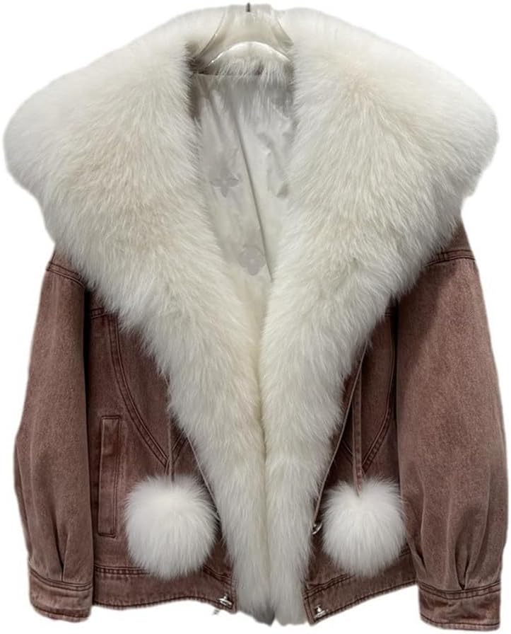 Winter Goose Down Jacket Liner Parka Women Young Models Hair Collar Splicing Denim