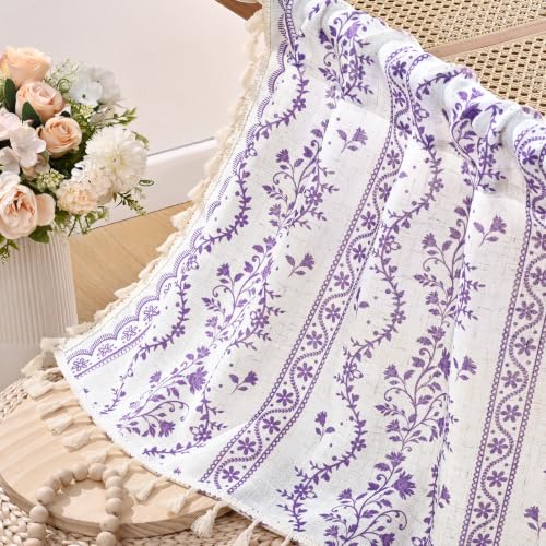 Image of Yinhua Boho Valance Curtains Vintage Linen Kitchen Valances for Windows Light Filtering Bohemian Floral Valance Rod Pocket Tassel Window Valances for Bathroom Cafe, 52 inch W X 18 inch L, White Purple