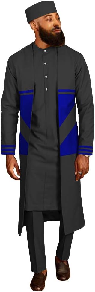 Men`s Suit Long Coats Dashiki Shirts Ankara Pants Traditional Hat 4 Piece Set African Clothing Attire Wear