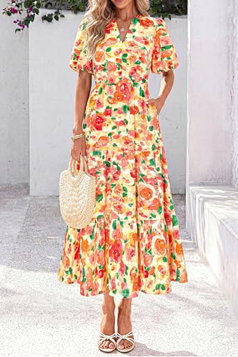 dowerme Womens Summer Dresses 2026 Casual Puff Short Sleeve V Neck Floral Boho Tiered Ruffle Maxi Dress with Pockets(Multicolored Flower,Small) — view 2