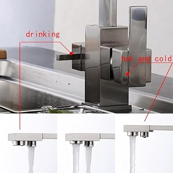 Kitchen Drinking Taps Sink Mixer 3 Way Filter Kitchen Sink Tap Swivel Spout 2 Lever Kitchen Mixer 3 in 1 Drinking Water Mixer Taps-Brushed