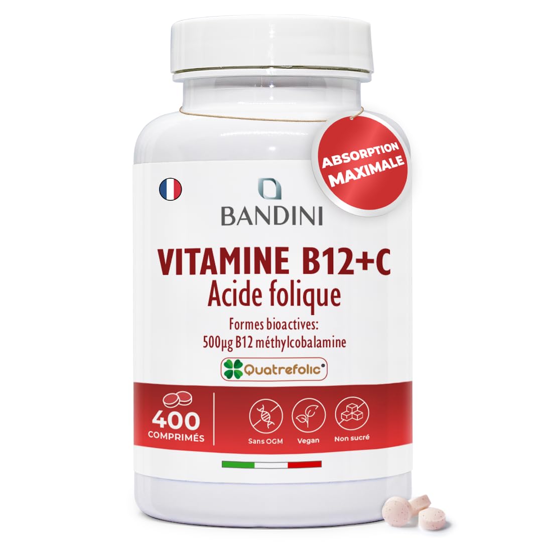 Bandini® Vitamine B12 + Acide folique 400 comprimés | Absorption du fer | Formes bioactives biodisponibles: 500µg de B 12 méthylcobalamine, 200µg de folate Quatrefolic ® , 80mg de Vit C, vegan, +1 An