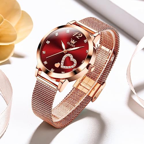 Image of OLEVS Rose Gold Watch for Women Mesh Strap Fashion Dress Hearts Japanese Quartz Waterproof Luminous Ladies Watches Bracelet Sets