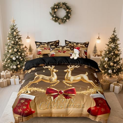 DXHOME Bettwäsche 135x200 Weihnachten Gold Rot Wintermotiv...
