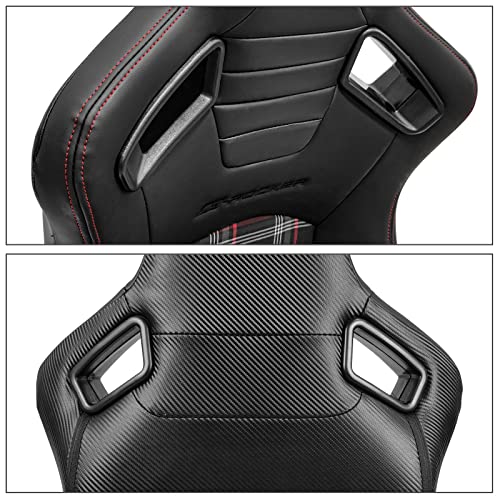 Ikon Motorsports, Universal Racing Seats Pair With Dual Sliders, Pu & Red Plaid Fabric & Carbon Leather Reclinable Left Right #TOP4