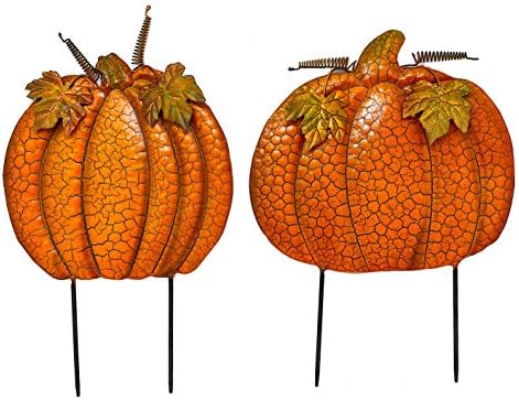 STC S/2 Garden Stakes Thanksgiving Fall Harvest Halloween Outdoor Metal Decor Orange Pumpkins #761 (16" & 15" H)