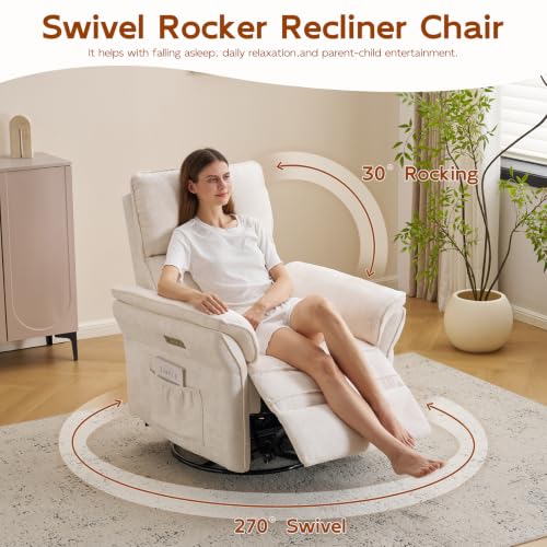 Image of Swivel Rocker Recliner with Auto Rocking,Power Recliner Nursery Chair with Massage and Heat,Glider Recliner Nursery Chair for Living Room,White