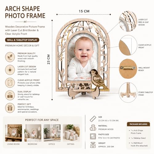 Image of Arch Shape Wooden Photo Frame with Laser Cut Bird Border, Decorative Picture Frame with Clear Acrylic Front, Wall & Tabletop Photo Frame for Home Decor, Birthday, Anniversary & Housewarming Gift -23 CM *15 CM