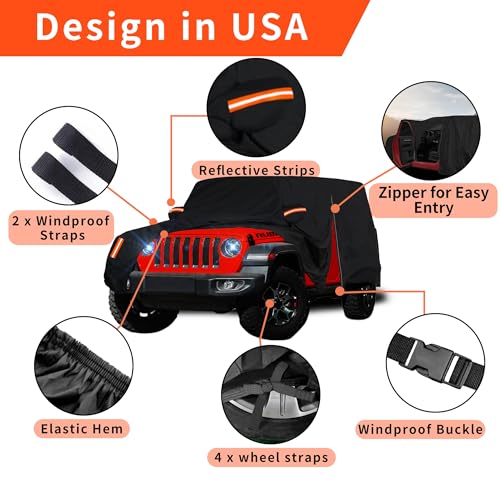 FiveFox Waterproof Car Cover for Jeep Wrangler 2 Door 1987-2024 2025 JK JL TJ YJ CJ Sahara, Upgraded Outdoor Full Exterior Sun Rain Snow Hail Protection with Driver Door Zipper by FiveFox - Image 2