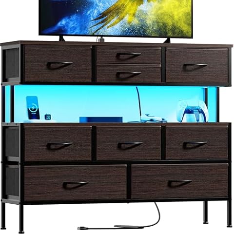 REAHOME Dresser TV Stand with Charging Station and LED Lights, 55” TV Stand with 9 Drawers, Fabric Dresser for Bedroom, Steel Frame, Large Storage Chest of Drawers for Closet, Living Room, Brown Cover
