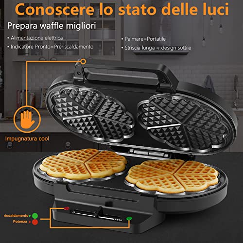 YASHE SW-2122M Belgische Waffel Piastra Waffle Cuore, 10 Waffle Classici a Forma di Cuore con Rivestimento Antiaderente, 5 Regolazioni di Temperatura, Spie Luminose, 1200W, Argento/Nero - immagine 4
